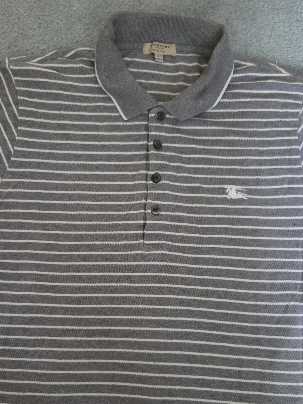 Burberry Men’s Slim Fit Striped Polo Shirt Gray White Large Embroidered Knight